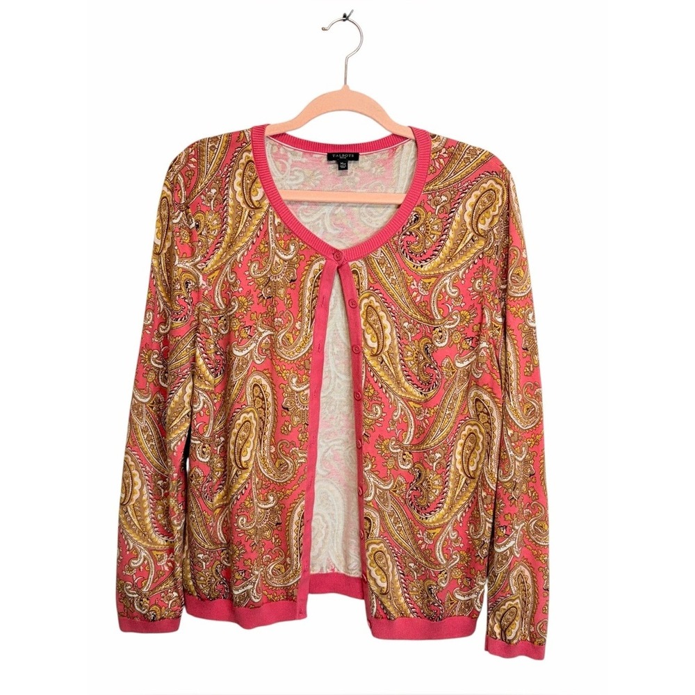 TALBOTS Paisley Print Lightweight Cotton Blend Button-Up Cardigan, XL Petite